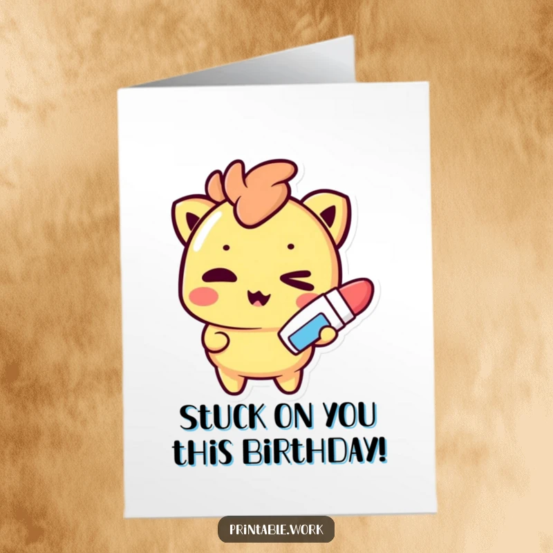 Funny Free Printable Birthday Card: A mischievous Kawaii character winks playfully while brandishing a glue stick, suggesting a fun craft surprise.