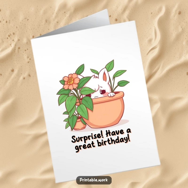 Funny Free Printable Birthday Card: A playful character peeks from behind a large potted plant with a mischievous glint in its eye.