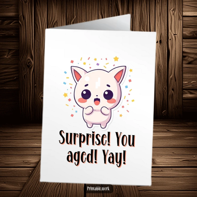 Funny Free Printable Birthday Card: A shocked Kawaii creature showers in celebratory confetti, ready to deliver a funny greeting.