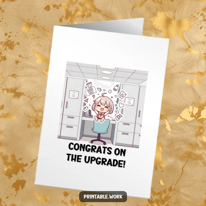 Funny free printable congratulations card of a character joyfully decorating a cubicle with silly drawings, celebrating success.
