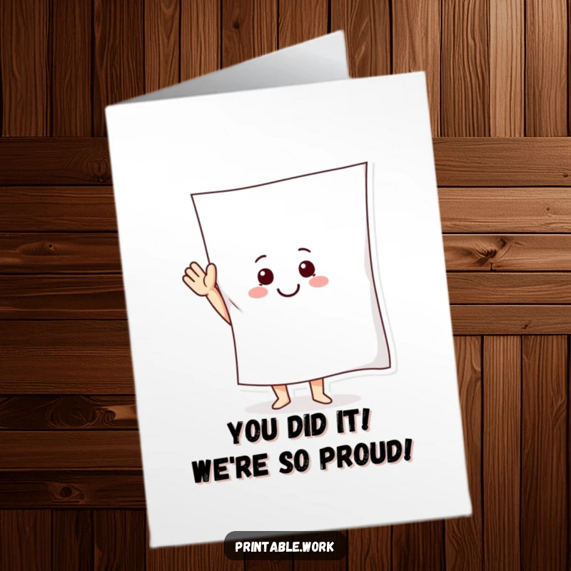 Funny Free Printable Congrats Card: Joyful paper character waving a large sheet, celebrating a fantastic achievement with a smile.