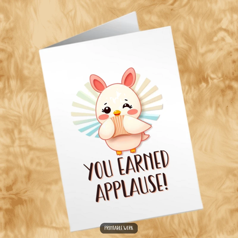 Funny Free Printable Congratulations Card: A rosy-cheeked paper fan flutters joyfully, congratulating a cool success.