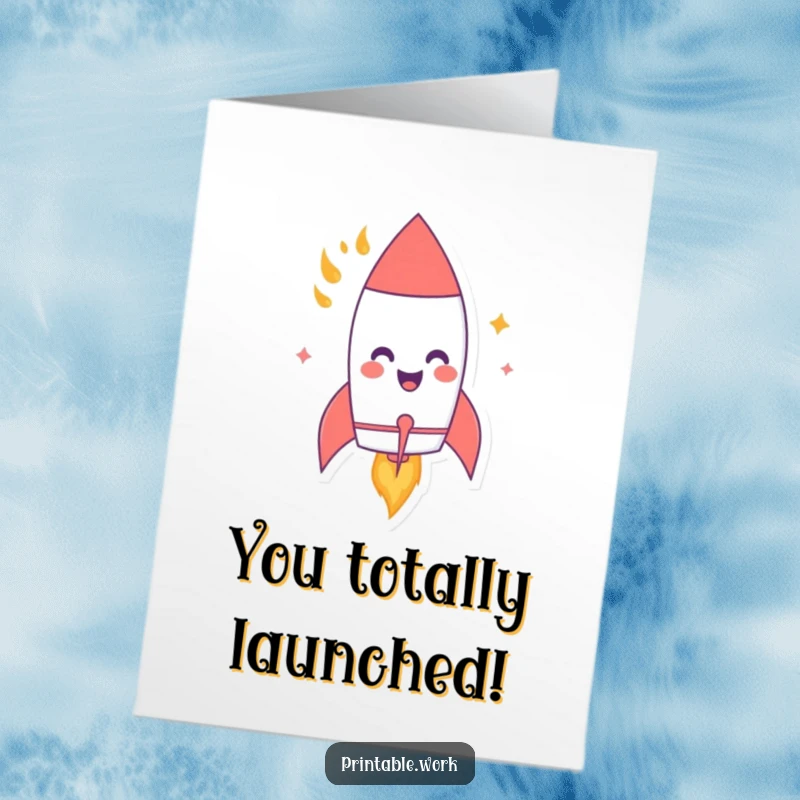 Funny Free Printable Congratulations Card: A happy paper rocket with flames zooms off, signifying a successful launch.