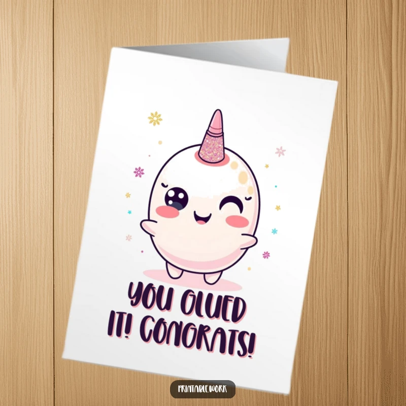 Funny Free Printable Congratulations Card showing a happy glitter glue character dispensing shimmering dots to mark a milestone.