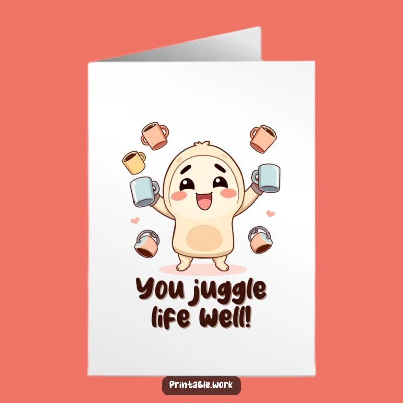 Free Printable Congrats Card: Kawaii Coffee Juggler Celebration Download