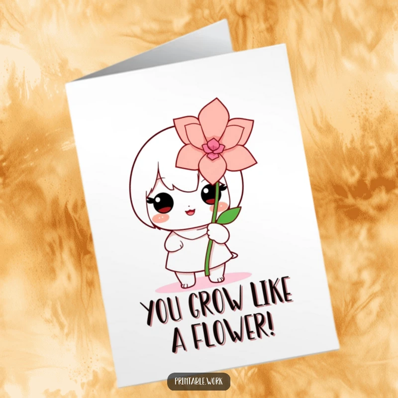 Funny Free Printable Congratulations Card: A proud Kawaii character beaming while showing off a beautifully made paper flower.