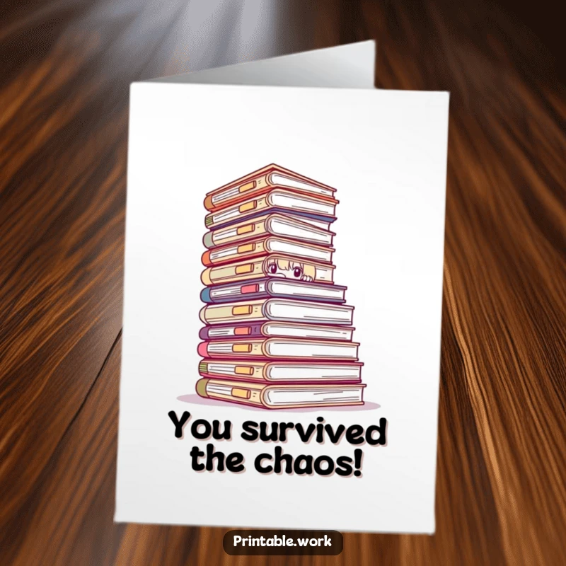 Funny free printable congratulations card showing a character overwhelmed by files, perfect for celebrating big achievements with humor.