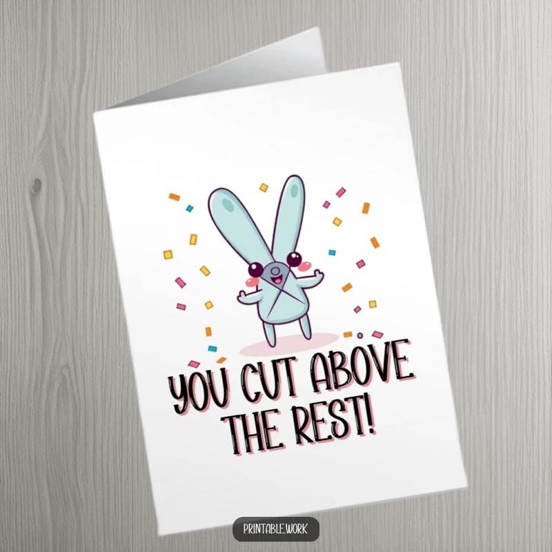 Funny Free Printable Congratulations card with playful scissors character snipping confetti, symbolizing a festive and happy celebration of achievement.