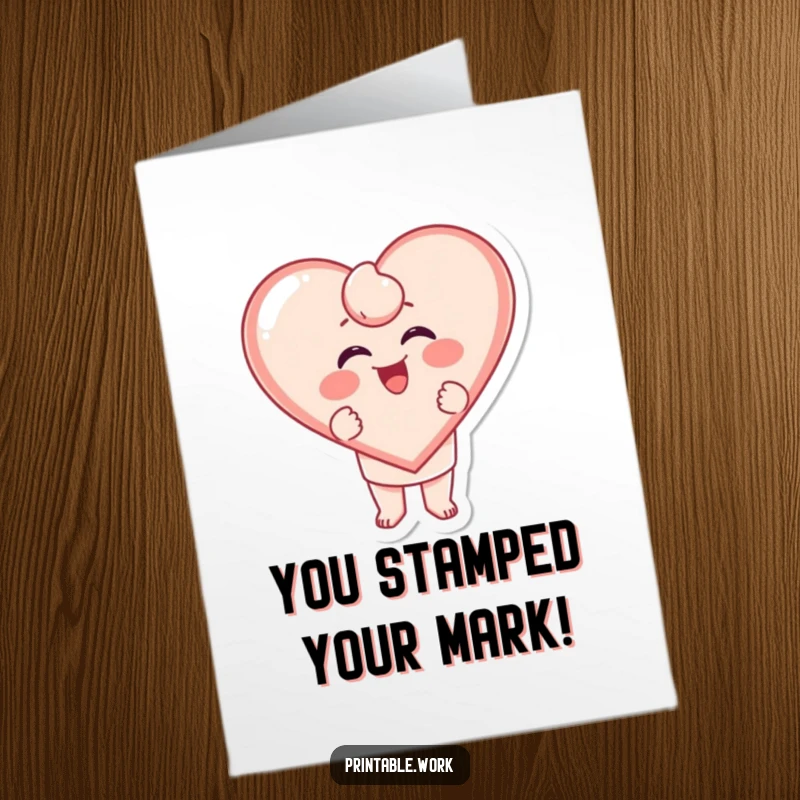 Funny Free Printable Congratulations Card: Character joyfully stamping a large, giggling heart, celebrating a wonderful achievement.