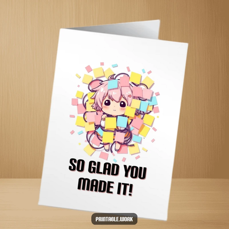Funny Free Printable Congratulations Card: Character emerges from a sticky note explosion, a humorous downloadable gift.