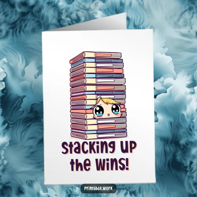 Funny Free Printable Congrats Card: Surprised character looking shocked at an immense stack of files.