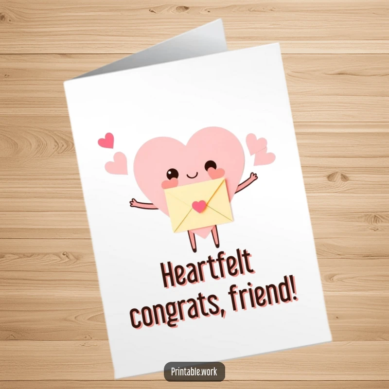Funny Free Printable Congratulations Card: A paper heart character embracing a tiny envelope, sending warm wishes for their success.