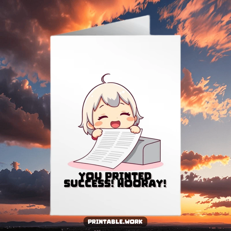 Funny Free Printable Congratulations Card showing a giggling character drowning in an absurdly long document printout.