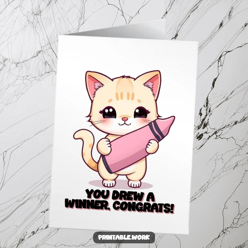 Funny Free Printable Congrats Card: Kawaii cat artist joyfully finishes a colorful painting with a huge crayon, celebrating success.