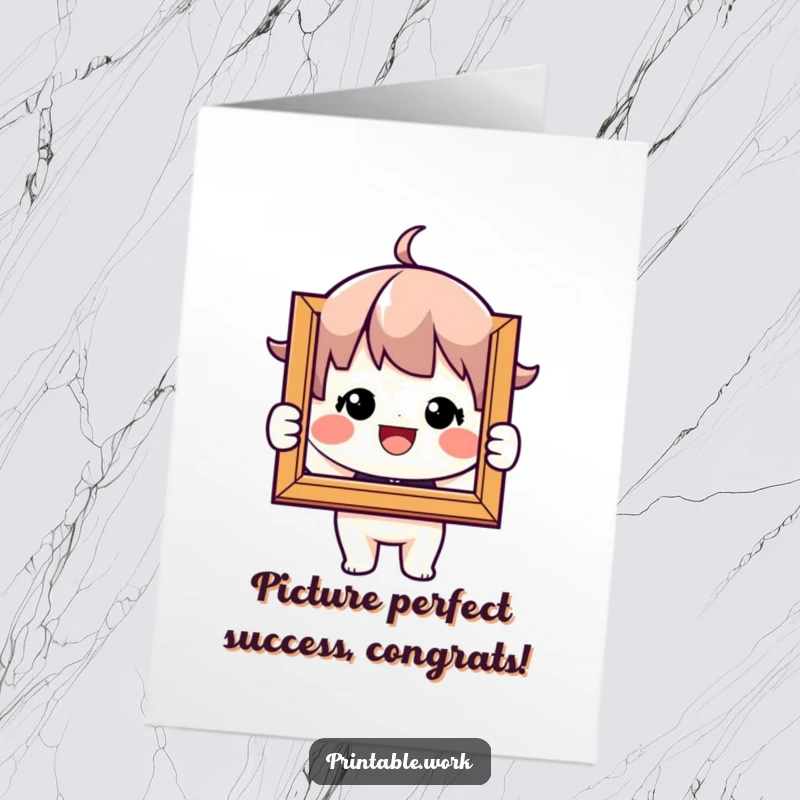 Funny free printable congratulations card showing a character radiating pride while holding a framed picture of their achievement.