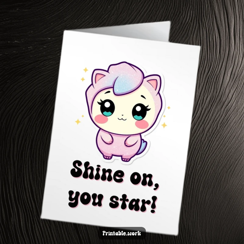 Funny Free Printable Congratulations Card showing a curious glitter character sparkling and wiggling to celebrate an achievement.