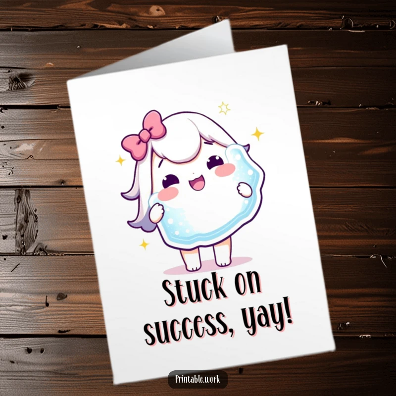 Funny Free Printable Congratulations Card: A happy Kawaii character proudly displays a huge, glittery sticker, celebrating a fantastic achievement with delight.