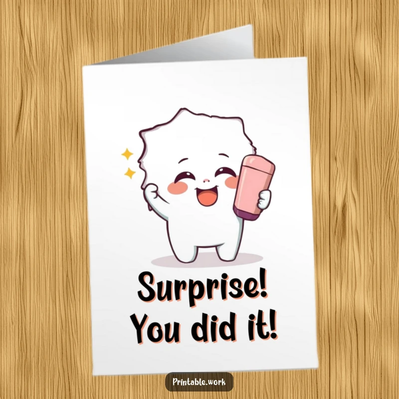 Funny Free Printable Congratulations Card: Giggling character erases a giant area to reveal a hidden success.