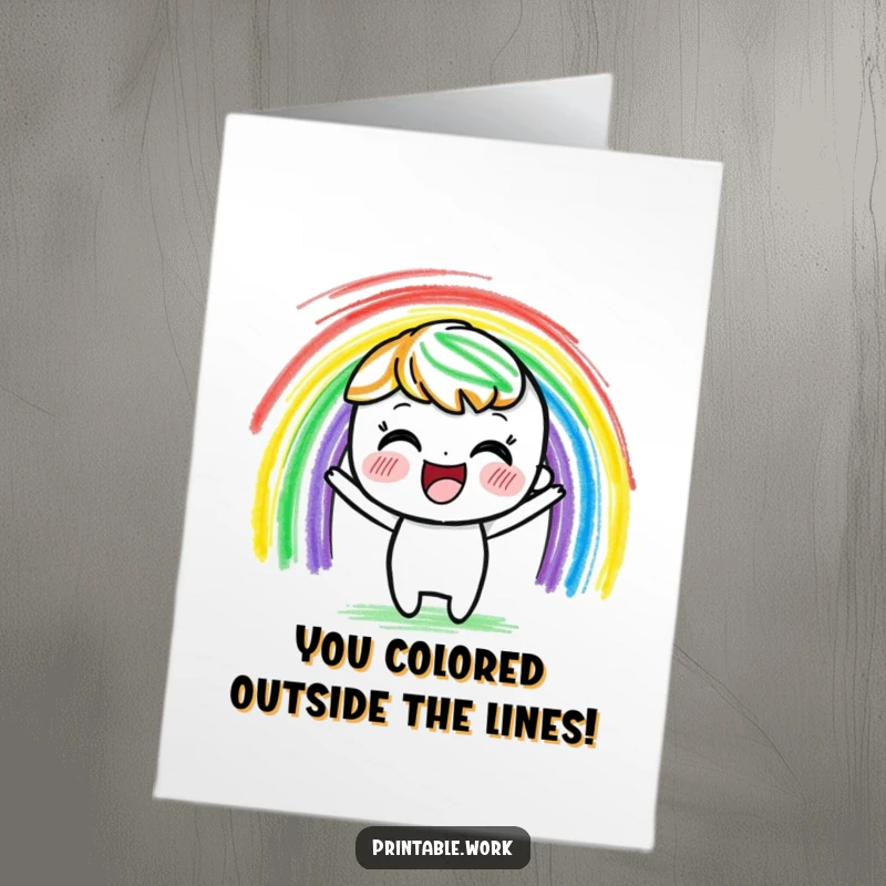 Funny Free Printable Congratulations card featuring a delighted crayon character creating a vibrant rainbow with bold strokes, symbolizing colorful achievements.