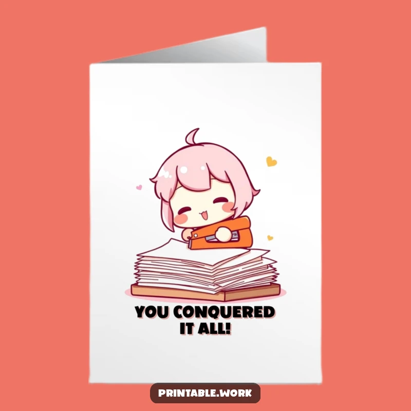 Free Printable Congrats Card: Office Struggle Stapler Character - Funny Downloadable Achievement Gift