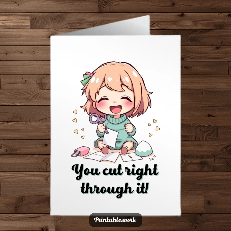 Free printable congratulations card showing a character giggling while using scissors to cut out intricate paper shapes, celebrating skills.
