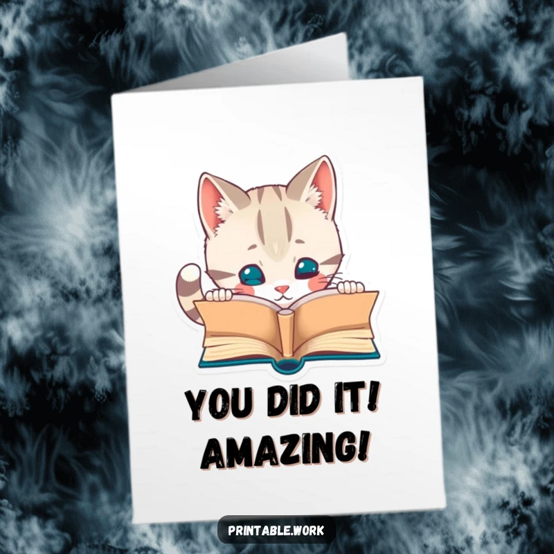 Funny Free Printable Congrats Card: Curious cat with glasses peering into an open book, celebrating an achievement.