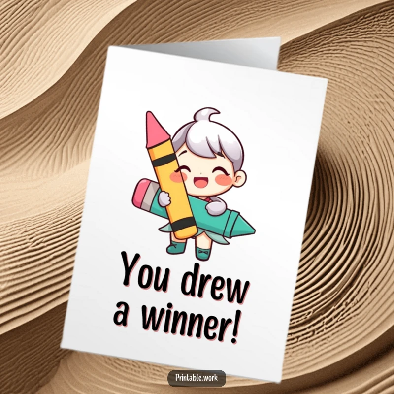 Funny Free Printable Congratulations Card: Cheerful character brandishes a large, vibrant crayon, celebrating a fantastic achievement.
