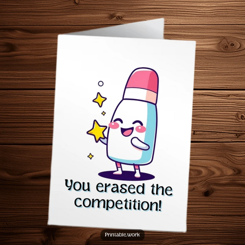Funny Free Printable Congratulations card showing a giggling eraser character making a sparkling star gleam, perfect for recognizing achievements.