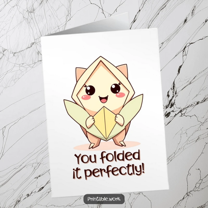 Funny Free Printable Congratulations Card: Character beaming with pride while offering a precisely folded origami masterpiece, honoring a great accomplishment.