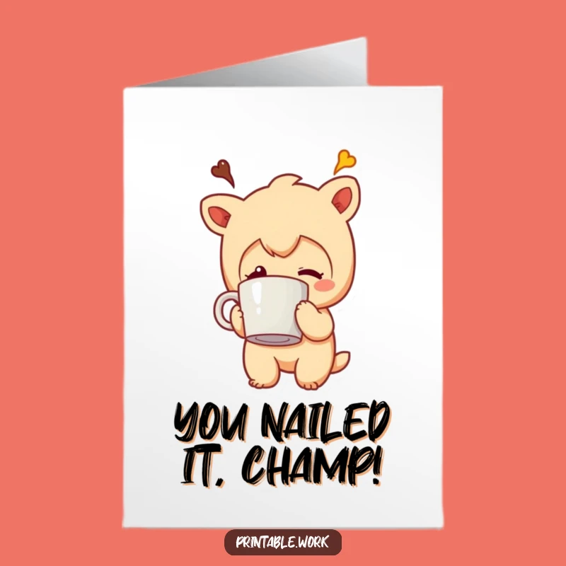 Free Printable Congrats Card: Coffee Mug Head Character - Funny Downloadable Achievement Gift