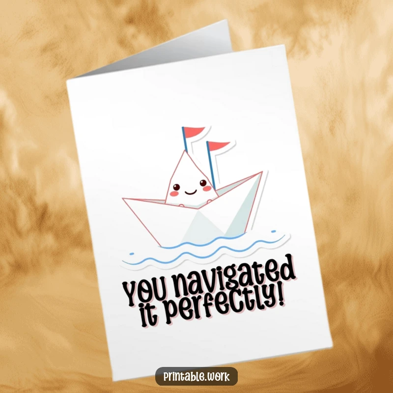 Funny Free Printable Congratulations Card: A cheerful paper boat with a small flag embarks on a wavy line, celebrating success.
