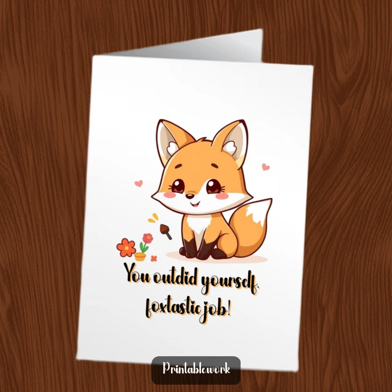 Funny Free Printable Congratulations Card: Kawaii Fox scrapbooking with joy, spreading cheer. DIY downloadable art.