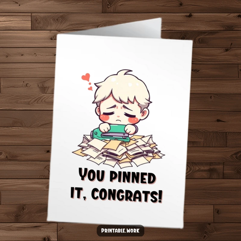 Funny Free Printable Congrats Card: Confused character looking perplexed while attempting to staple loose papers.