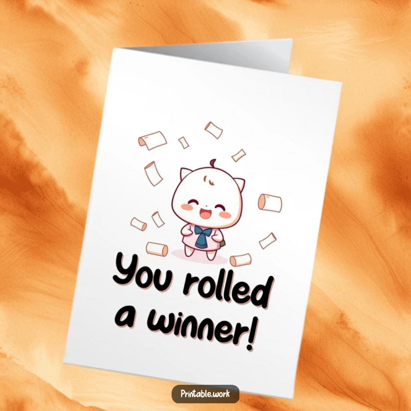 Funny Free Printable Congratulations Card: Character joyfully juggling tiny paper rolls, celebrating an awesome achievement with a grin.