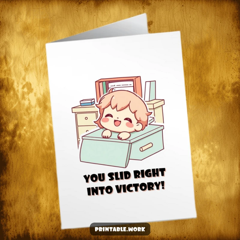 Funny Free Printable Congratulations Card: A character joyfully sliding down a desk, celebrating with a huge smile.