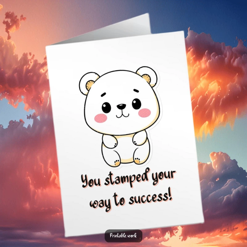Funny Free Printable Congrats Card: A playful kawaii bear joyfully stamps colorful patterns, celebrating achievements with artistic flair.