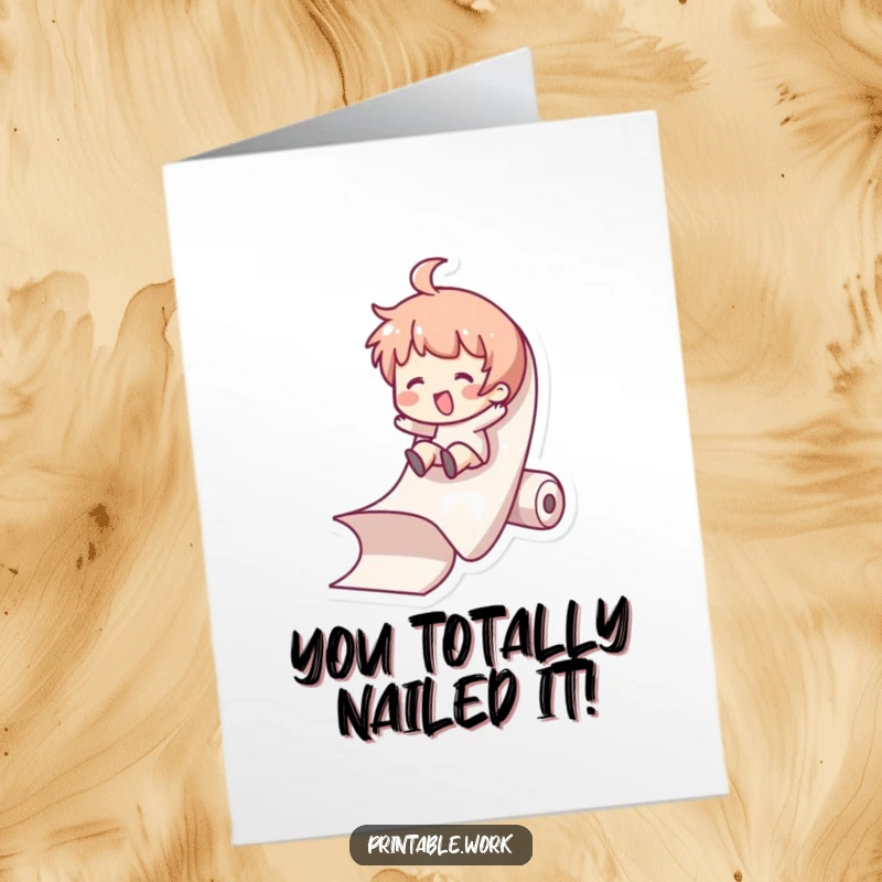 Funny free printable congratulations card showing a character gleefully sliding down a large roll of paper, celebrating success.