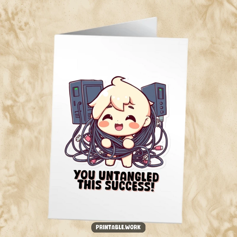 Funny Free Printable Congrats Card: Character entangled in computer cables, tech humor celebration