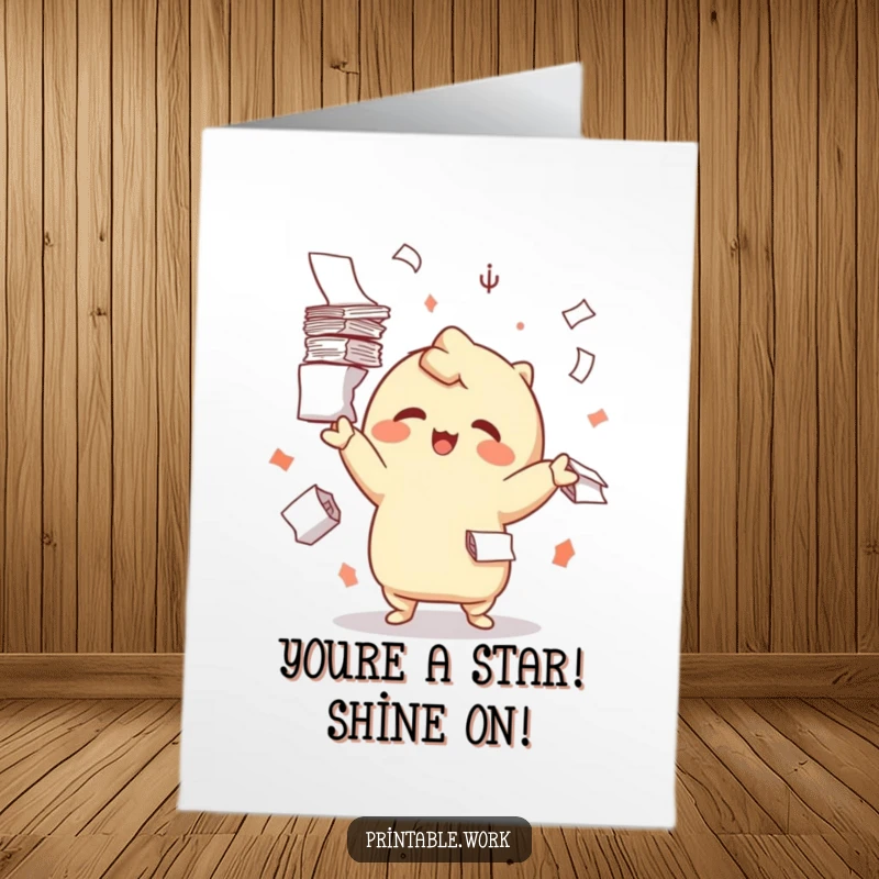 Funny Free Printable Congrats Card: A cheerful Kawaii character masterfully juggles papers, congratulating them on their impressive accomplishment.