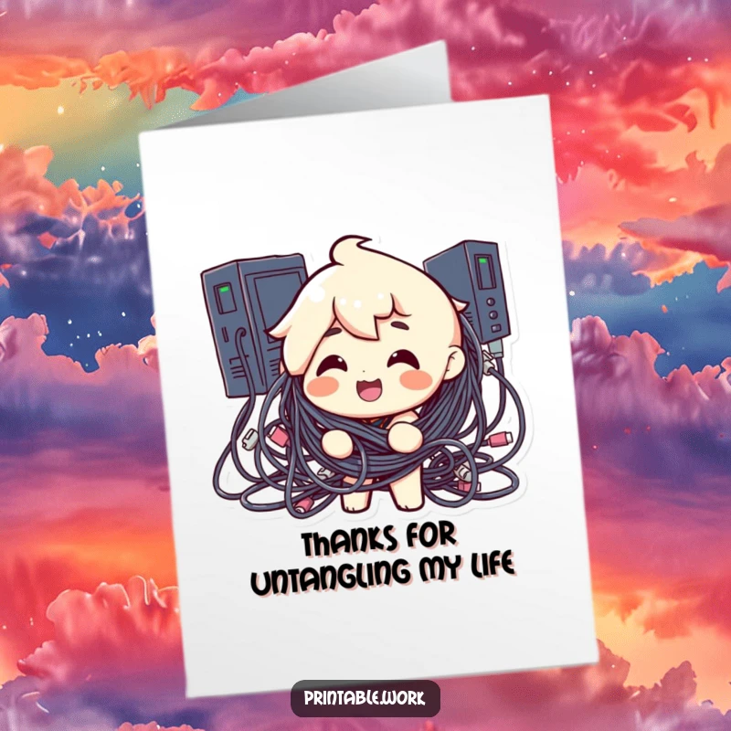 Funny Free Printable Thank You Card: Character tangled in messy computer cables, tech humor gratitude
