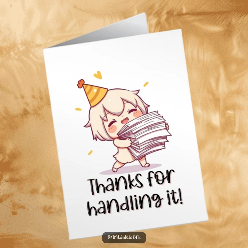 Funny Free Printable Thank You Card: Character tripping with papers, humorously thanking someone for their help.