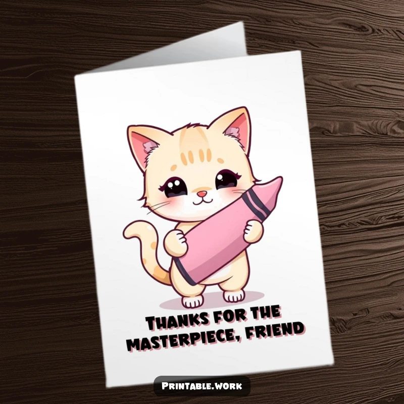 Funny Free Printable Thank You Card: Kawaii cat artist proudly holds a large crayon, ready to paint a colorful expression of thanks.