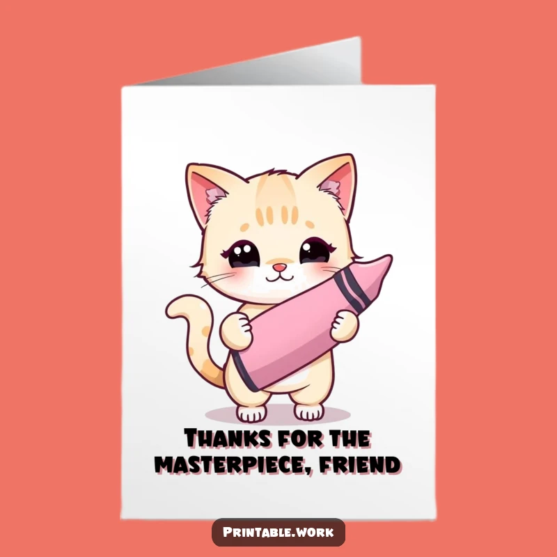 Free Printable Kawaii Cat Crayon Thank You Card - Funny Downloadable Art DIY Gift