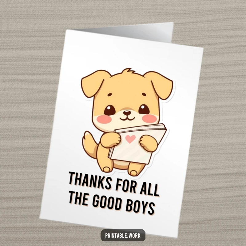 Funny Free Printable Thank You Card: A happy kawaii dog beams while clutching a generous stack of colorful patterned paper, saying thanks.