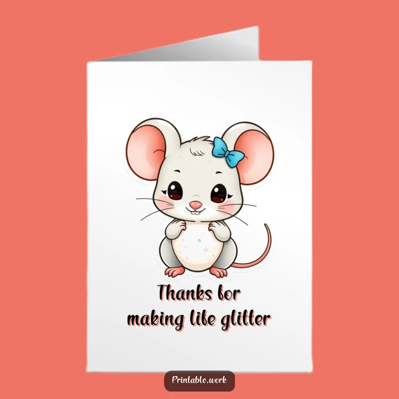 Free Printable Kawaii Mouse Glitter Thank You Card - Funny Downloadable Art DIY Gift