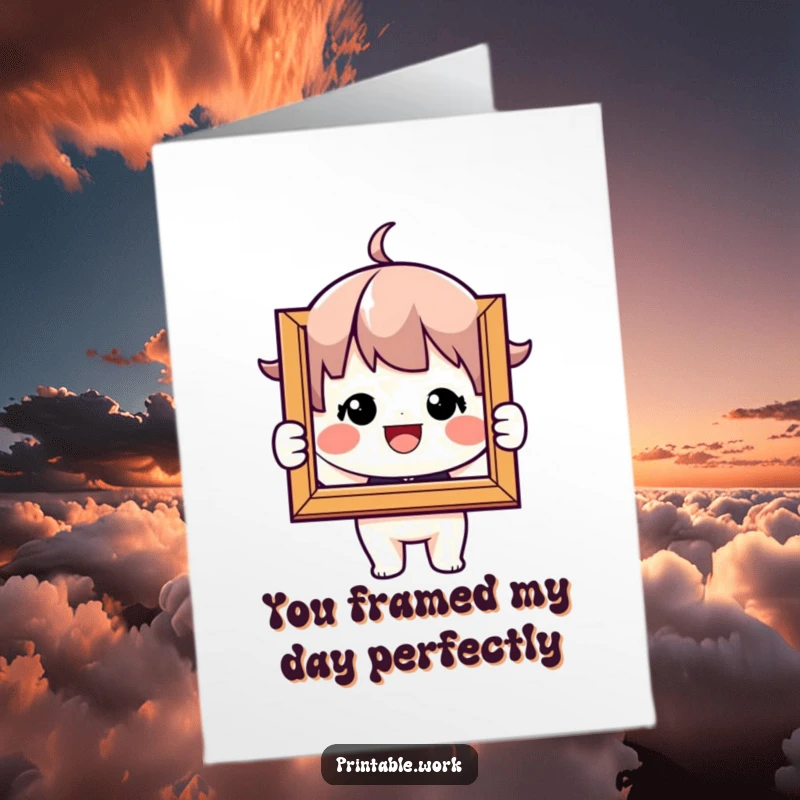 Funny free printable thank you card with a character beaming, holding a framed picture to convey sincere thanks.