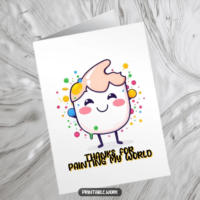 Funny Free Printable Thank You Card: Smiling paint brush character splashing colorful dots, offering a bright and artistic thank you note.