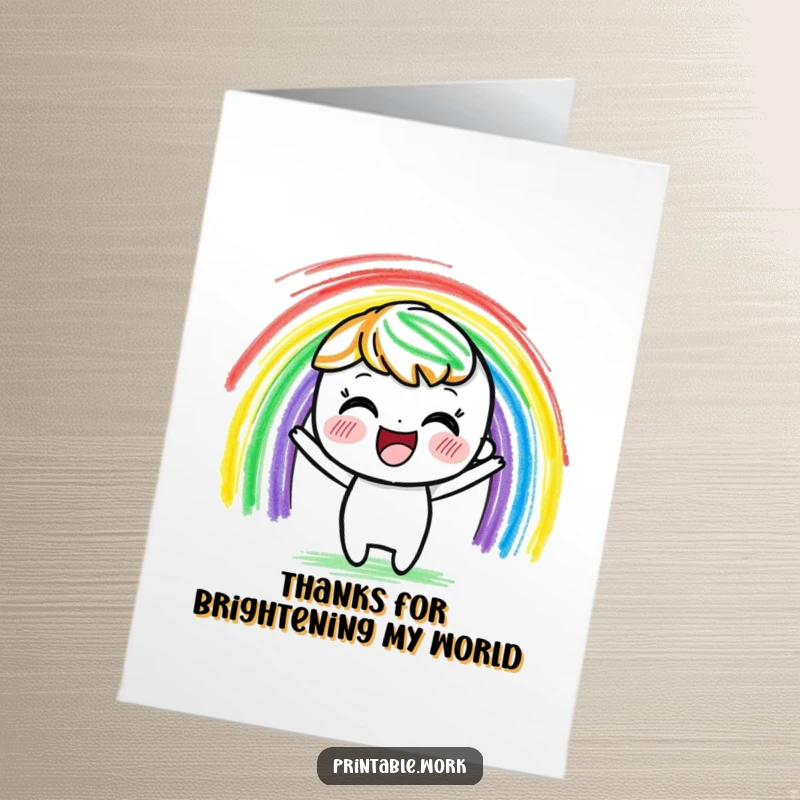 Funny Free Printable Thank You card with a delighted crayon character drawing a vibrant rainbow with expressive strokes, a colorful thank you.