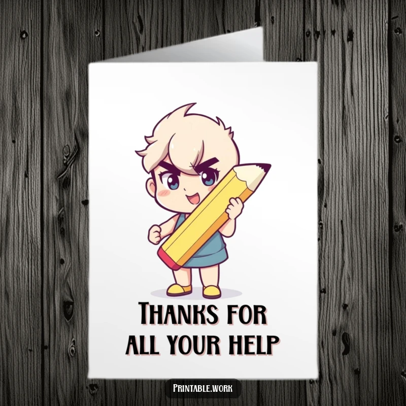 Funny Free Printable Thank You Card: Character holding a giant pencil, smiling happily while offering thanks for kind assistance.