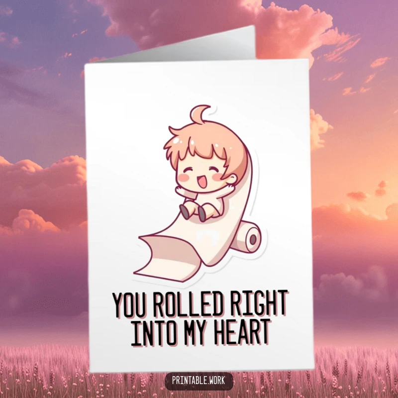 Funny free printable thank you card with a character sliding down a paper roll, conveying thanks with a playful descent.